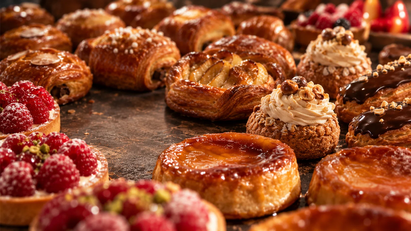 Assortiment de pâtisseries et viennoiseries.