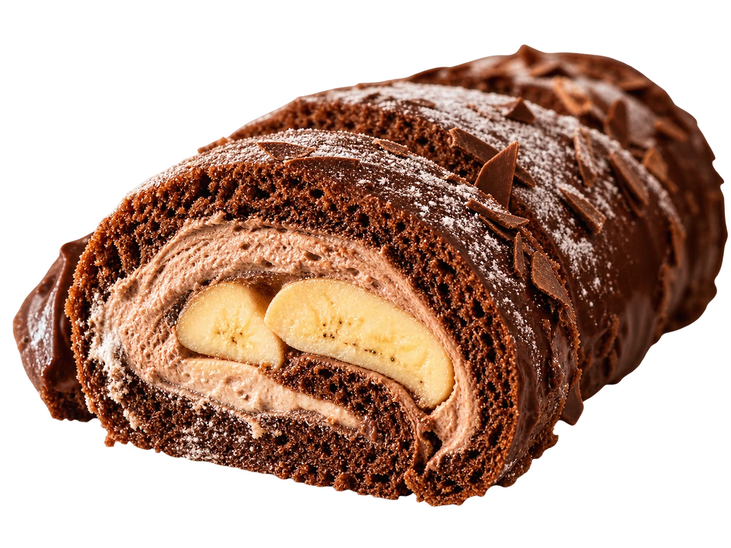 Roulé chocolat-banane sur fond clair.